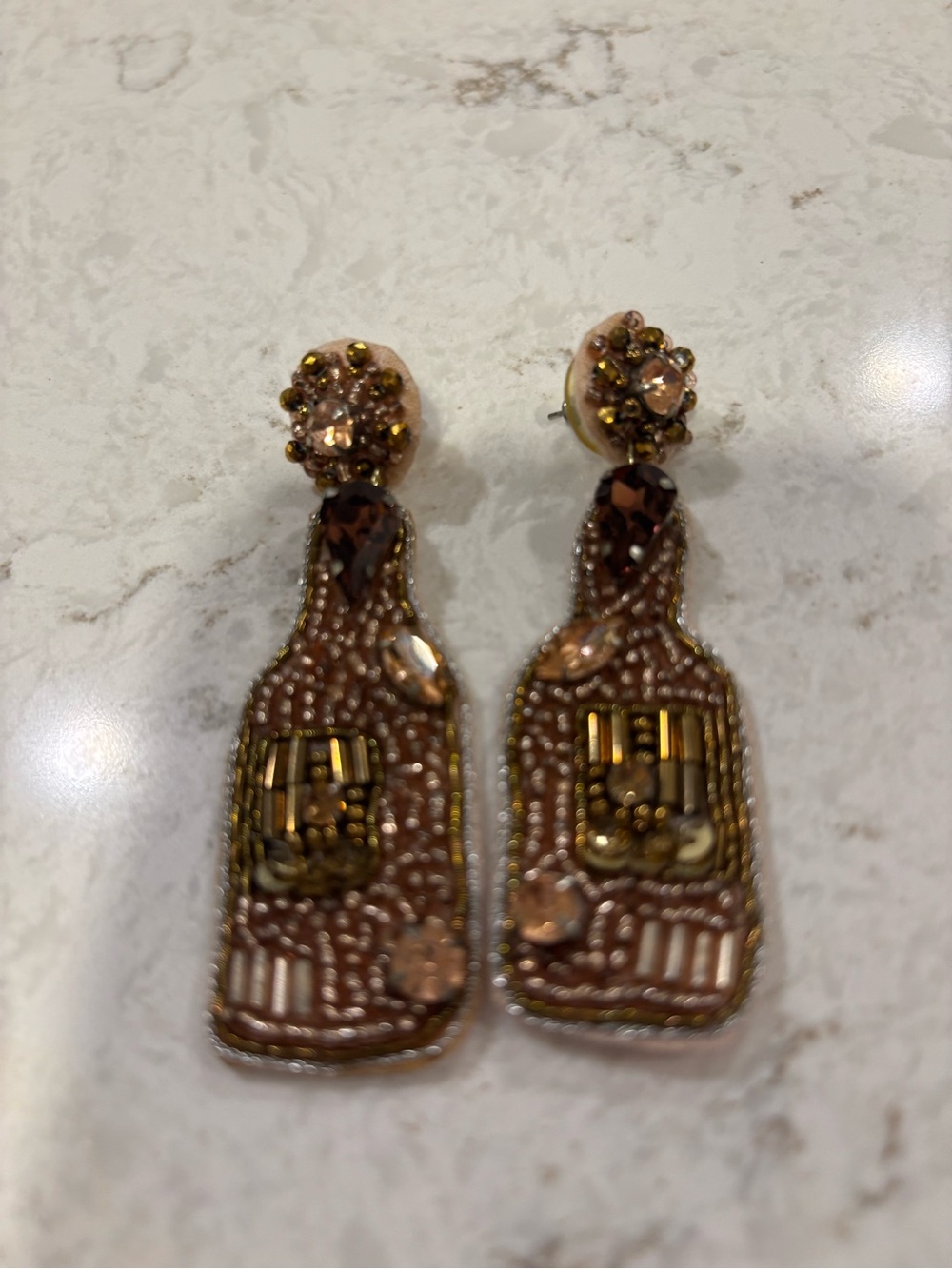 Brown and Gold Beaded Drop Earrings - Elegant Statement champagne bottle